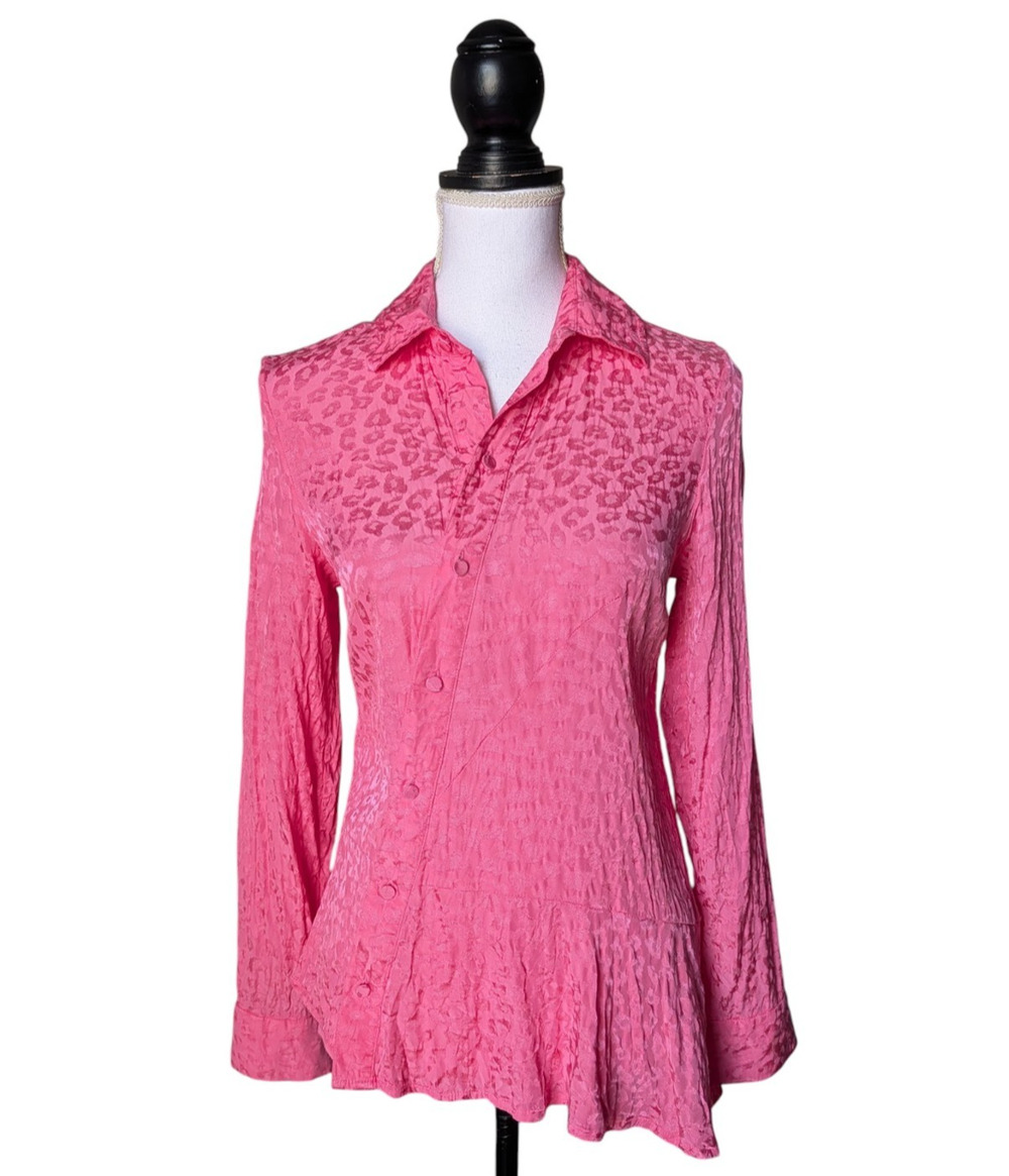 Koche Pink Leopard Cheetah Print Asymmetrical Button Up Top FR 32 US XXS Collar